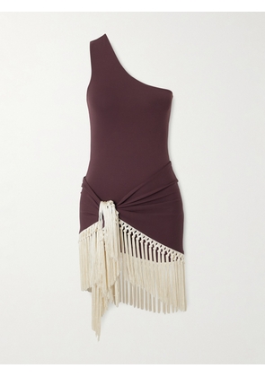 Taller Marmo - Yacare One-shoulder Swimsuit And Fringed Pareo Set - Burgundy - x small,small,medium,large,x large