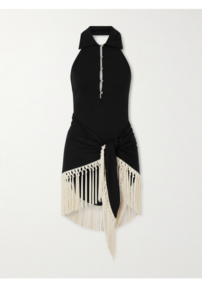 Taller Marmo - Tropicana Halterneck Swimsuit And Fringed Pareo Set - Black - x small,small,medium,large,x large