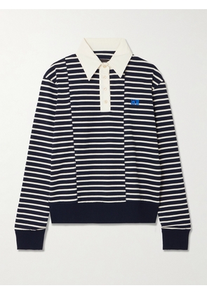 Wales Bonner - Reflect Embroidered Stretch Cotton Poplin-trimmed Striped Cotton-jersey Polo Shirt - Blue - x small,small,medium,large,x large