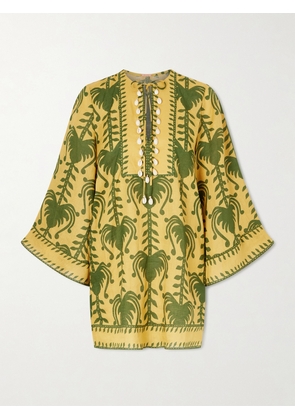Johanna Ortiz - Wild Savannah Shell-embellished Linen Mini Dress - Yellow - US0,US2,US4,US6,US8,US10,US12