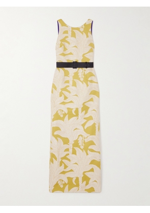 Marta Ferri - Angera Belted Open-back Cotton-blend Brocade Maxi Dress - Green - S/M,M/L,L/XL