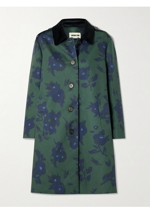 SHUSHU/TONG - Velvet-trimmed Floral-print Woven Trench Coat - Green - UK 4,UK 6,UK 8,UK 10,UK 12,UK 14,UK 16