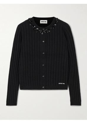 SHUSHU/TONG - Embellished Embroidered Ribbed Wool-blend Cardigan - Black - UK 4,UK 6,UK 8,UK 10,UK 12,UK 14,UK 16