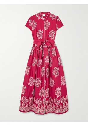 Loretta Caponi - Camaiore Belted Embroidered Cotton-poplin Maxi Dress - x small,small,medium,large,x large