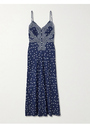 Loretta Caponi - Lace-trimmed Polka-dot Satin Maxi Dress - Blue - x small,small,medium,large,x large
