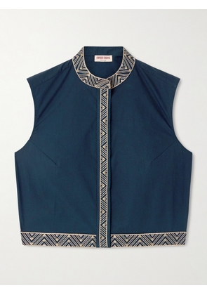 Emporio Sirenuse - Andorra Iris Cropped Embroidered Cotton-blend Poplin Top - Blue - IT36,IT38,IT40,IT42,IT44,IT46,IT48