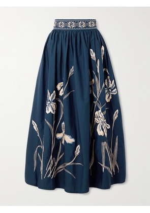 Emporio Sirenuse - Ombretta Iris Pleated Embroidered Cotton-blend Poplin Midi Skirt - Blue - IT36,IT38,IT40,IT42,IT44,IT46,IT48