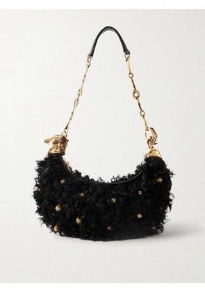 Chloé - Chain Horse Embellished Shearling Shoulder Bag - Black - One size