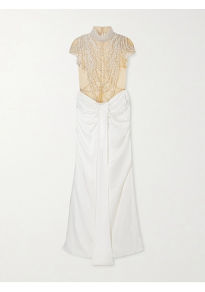 Clio Peppiatt - Zsa Zsa Draped Gathered Embellished Mesh And Satin Gown - White - x small,small,medium,large