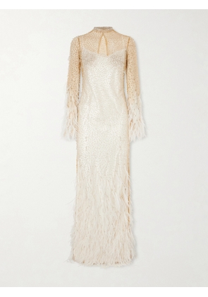 Clio Peppiatt - Mia Embellished Feather-trimmed Tulle Gown - Neutrals - x small,small,medium,large