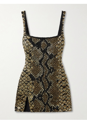 Clio Peppiatt - Medusa Embellished Snake-print Stretch-mesh Mini Dress - Gold - x small,small,medium,large,x large