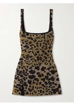 Clio Peppiatt - Eartha Embellished Leopard-print Stretch-mesh Mini Dress - Animal print - x small,small,medium,large,x large