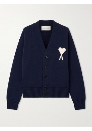 AMI PARIS - Intarsia-knit Wool And Cotton-blend Cardigan - Blue - xx small,x small,small,medium,large,x large,xx large