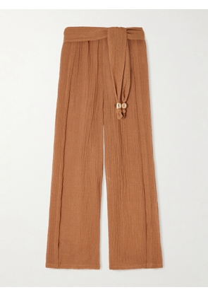 Lisa Marie Fernandez - Embellished Belted Crinkled Linen-blend Gauze Pants - Brown - 1,2,3,4