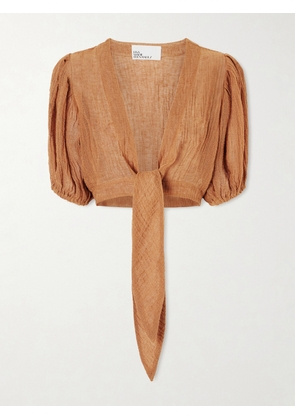 Lisa Marie Fernandez - Pouf Cropped Linen-blend Gauze Wrap Top - Brown - 1,2,3,4