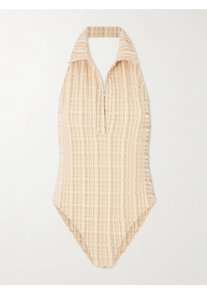 Lisa Marie Fernandez - Checked Seersucker Halterneck Swimsuit - Neutrals - 1,2,3,4
