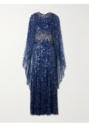 Jenny Packham - Honey Dew Cape-effect Embellished Tulle Gown - Blue - UK 6,UK 8,UK 10,UK 12,UK 14