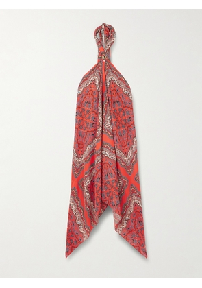 Cara Cara - Twist Asymmetric Embellished Paisley-print Satin Halterneck Midi Dress - Orange - XS/S,M/L