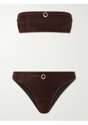 Oséree - Lumière Micro Belt Bandeau Embellished Stretch-lurex Bikini - Brown - small,medium,large,x large