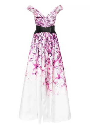 Saiid Kobeisy floral-print off-shoulder gown - White