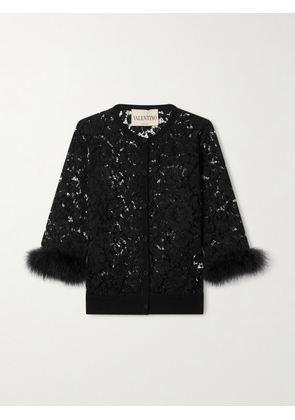 Valentino Garavani - Feather-trimmed Cotton Corded Lace Cardigan - Black - x small,small,medium,large,x large