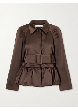 LIBEROWE - Belted Cotton-blend Satin Peplum Jacket - Brown - x small,small,medium,large,x large