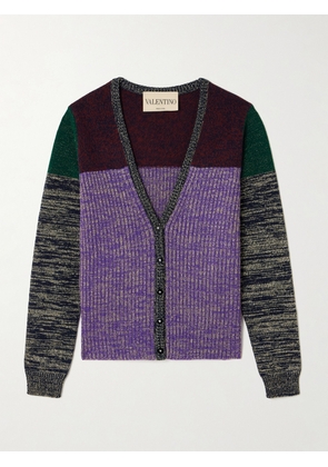 Valentino Garavani - Color-block Metallic Ribbed Wool-blend Cardigan - Purple - xx small,x small,small,medium,large