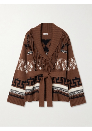 SIMKHAI - Elwood Belted Fringed Intarsia Wool And Cashmere-blend Cardigan - Brown - x small,small,medium,large,x large