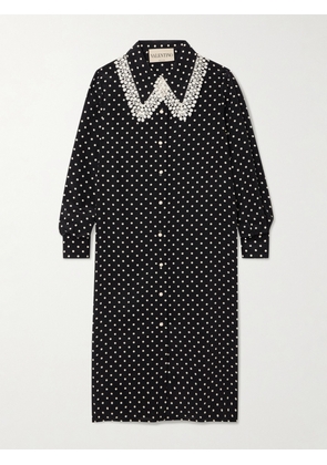 Valentino Garavani - Lace-trimmed Polka-dot Printed Silk Crepe De Chine Midi Dress - Black - IT36,IT38,IT40,IT42,IT44,IT46