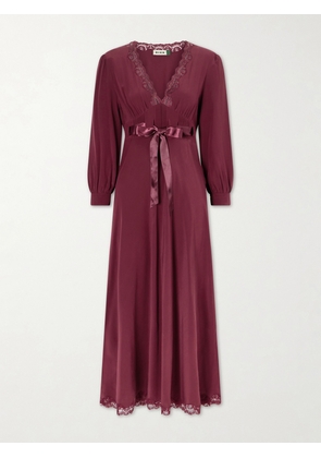 RIXO - Adaline Bow-detailed Lace-trimmed Silk Maxi Dress - Burgundy - UK 6,UK 8,UK 10,UK 12,UK 14,UK 16,UK 18,UK 20