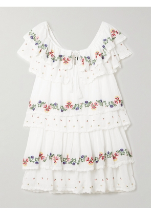 RIXO - Leilani Tiered Embroidered Cotton-voile Mini Dress - Cream - UK 6,UK 8,UK 10,UK 12,UK 14,UK 16,UK 18,UK 20