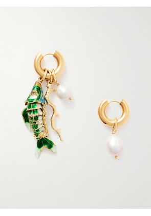 Martha Calvo - Barrier Gold-plated, Enamel And Pearl Hoop Earrings - Green - One size