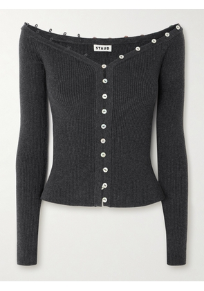 STAUD - Keaton Off-the-shoulder Ribbed Cotton And Wool-blend Cardigan - Gray - x small,small,medium,large,x large