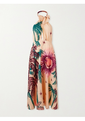 Johanna Ortiz - Appliquéd Printed Leather-trimmed Linen-blend Halterneck Maxi Dress - Ecru - US0,US2,US4,US6,US8,US10,US12