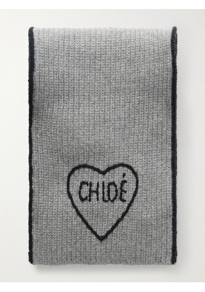 Chloé - Embroidered Ribbed Wool And Cashmere-blend Scarf - Gray - One size
