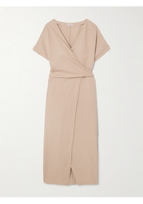 Brunello Cucinelli - Bead-embellished Woven Midi Wrap Dress - Neutrals - xx small,x small,small,medium,large,x large