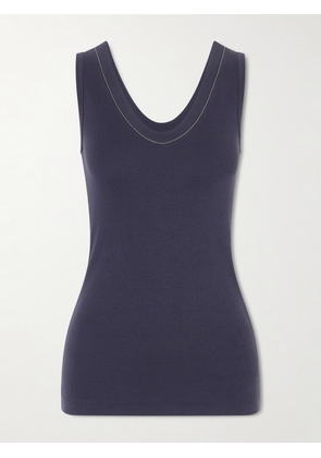 Brunello Cucinelli - Bead-embellished Ribbed Cotton-blend Jersey Tank - Blue - xx small,x small,small,medium,large,x large,xx large