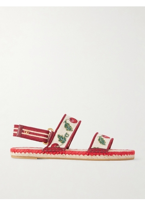 Valentino Garavani - Embroidered Leather-trimmed Raffia Sandals - Multi - IT35,IT36,IT37,IT38,IT39,IT40,IT41,IT42
