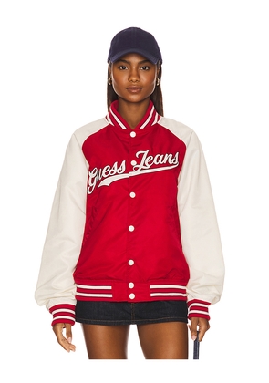 Guess Jeans Raglan Patch Bomber Jacket in Red,Cream. Size L. Also in M, S, XL/1X, XS.