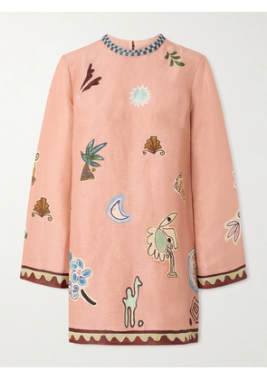 ALÉMAIS - Laurence Bead-embellished Printed Linen And Silk-blend Mini Dress - Pink - UK 4,UK 6,UK 8,UK 10,UK 12,UK 14