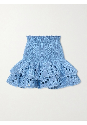 Charo Ruiz - Nerissa Tiered Shirred Broderie Anglaise Cotton-blend Mini Skirt - Blue - x small,small,medium,large