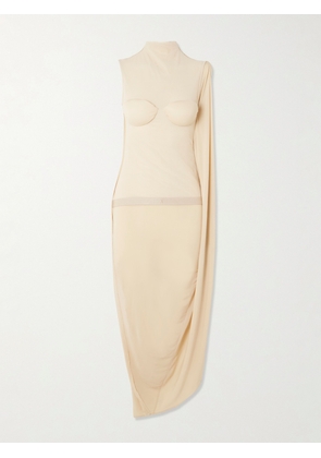 Jean Paul Gaultier - Asymmetric Draped Appliquéd Mesh And Stretch-jersey Dress - Neutrals - small,medium,large