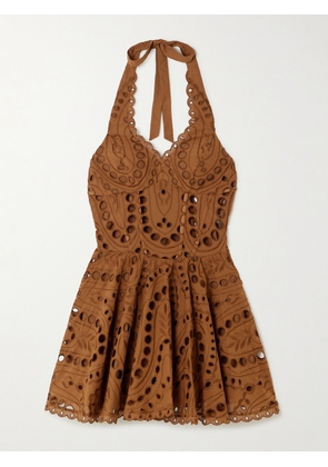 Charo Ruiz - Sandlight Broderie Anglaise Cotton-blend Halterneck Mini Dress - Brown - x small,small,medium,large