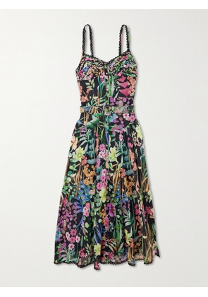 Charo Ruiz - Cael Belted Pleated Paneled Lace-trimmed Floral-print Cotton-blend Voile Midi Dress - Black - x small,small,medium,large,x large