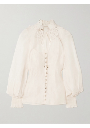 Zimmermann - Rebellion Lace-trimmed Gathered Linen And Silk-blend Gauze Blouse - Cream - 00,1,2,3,4