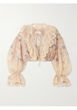 Zimmermann - Rebellion Lace-up Ruffled Floral-print Linen And Silk-blend Top - Cream - 00,1,2,3,4