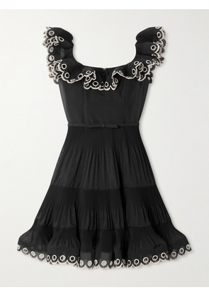 Zimmermann - Belted Embroidered Ruffled Pleated Organza Mini Dress - Black - 00,0,1,2,3,4