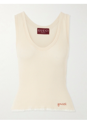 Gucci - Embroidered Lace-trimmed Ribbed-knit Cotton Tank Top - Off-white - x small,small,medium,large