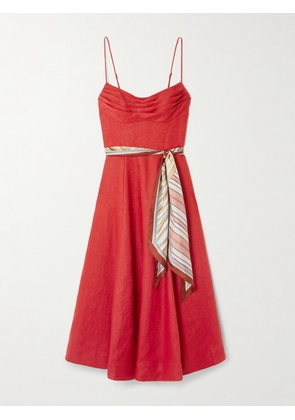 Zimmermann - Rebellion Scarf-detailed Linen Midi Dress - Red - 00,0,1,2,3,4