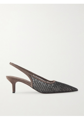 Brunello Cucinelli - Embellished Suede-trimmed Mesh Slingback Pumps - Brown - IT36,IT36.5,IT37,IT37.5,IT38,IT38.5,IT39,IT39.5,IT40,IT40.5,IT41